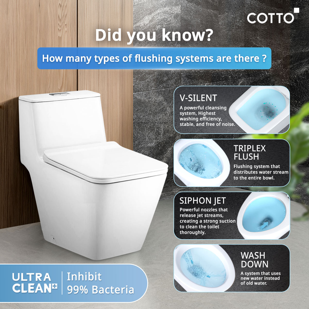 Hệ thống xả vô cùng đa dạng được ứng dụng trên bồn cầu Cotto