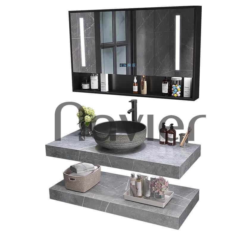 Tủ lavabo mặt bàn đá đem đến không gian đựng đồ đạc, vật dụng cá nhân thoải mái, giúp phòng tắm trông gọn gàng và ngăn nắp hơn.