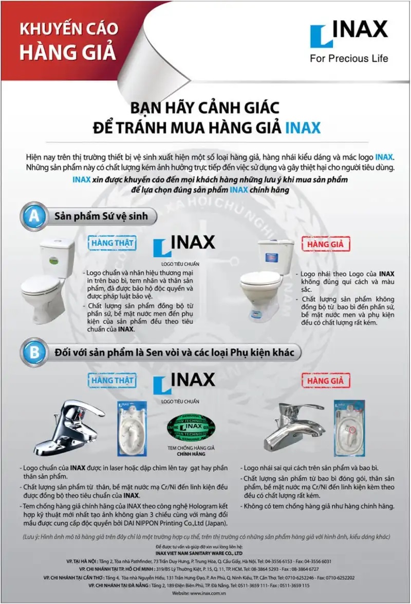 Khuyến cáo cảnh báo phân biệt sản phẩm thật/giả từ thương hiệu INAX