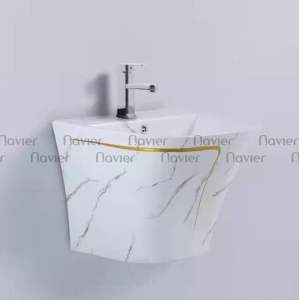Chậu lavabo liền khối vuông treo tường vân mây viền vàng Navier NV-422VM
