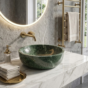 Chậu Lavabo Đá Tự Nhiên Xanh Ấn Độ Tròn Dày Cao Cấp Navier NV-BST41