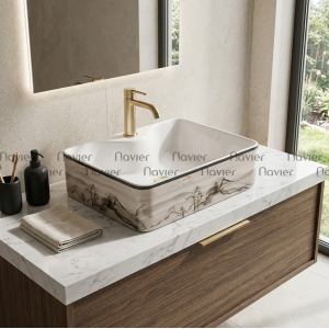 Chậu Lavabo Đặt Bàn Sứ Trắng Họa Tiết Viền Đen Navier NV-434HTVD