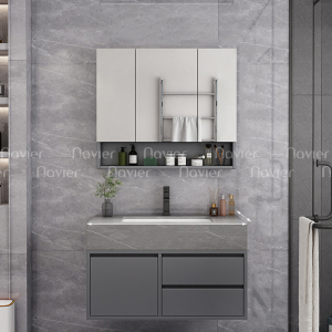 Bộ Tủ Chậu Lavabo Nhựa PVC Xám Vân Mây Kèm Tủ Gương LED NV-532X60