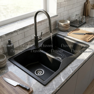 Chậu Rửa Chén Đá 2 Ngăn Lệch Đen Cao Cấp NV-T9050-F01