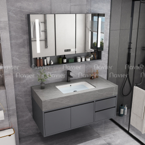 Bộ Tủ Chậu Lavabo Nhựa PVC Xám Vân Mây Kèm Tủ Gương NV-532X80