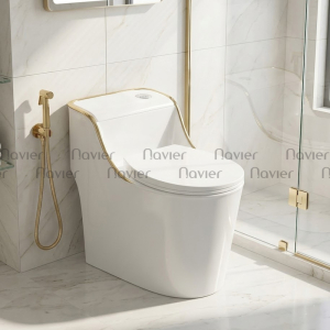 Bồn Cầu 1 Khối Trắng Viền Vàng Nút Lệch Navier NV-1013T