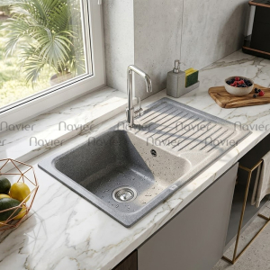 Chậu Rửa Chén Đá 1 Ngăn Có Cánh Xám Navier NV-7746X