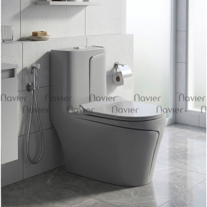 Bồn Cầu 1 Khối Navier Cao Cấp Xám Viền Đen NV-1008XMĐ