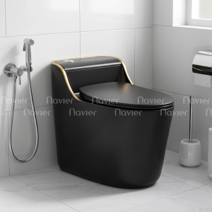 Bồn Cầu 1 Khối Đen Viền Vàng Nút Lệch Navier NV-1030D