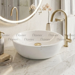 Chậu Lavabo Đá Tự Nhiên Trắng Sữa Dáng Tròn Dày Cao Cấp Navier NV-BST91