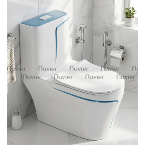 Bồn Cầu 1 Khối Navier Trắng Viền Xanh Cao Cấp NV-1007VX