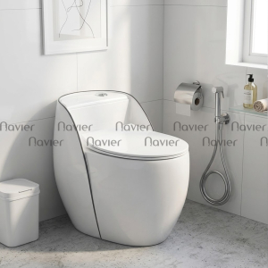 Bồn Cầu Trứng Trắng Viền Đen Nút Xả Lệch Navier NV-1034