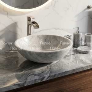 Chậu Lavabo Đá Tự Nhiên Tím Vân Gỗ Dáng Tròn Mỏng Cao Cấp Navier NV-BST37