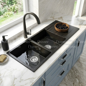Chậu Rửa Chén Đá  2 Hộc 1 Cánh Đen Navier NV-T11650-L01