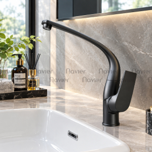 Vòi lavabo nóng lạnh thiên nga đen đồng thau sơn tĩnh điện đầu trục xoay Navier NV-729
