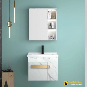 Bộ Tủ Chậu Liền Gương Trắng Vân Mây Polywood Navier NV-465T