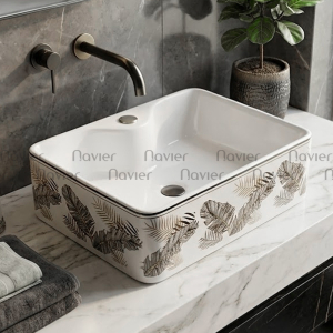 Chậu Lavabo Đặt Bàn Trắng Họa Tiết Lá Cây Navier NV-417L