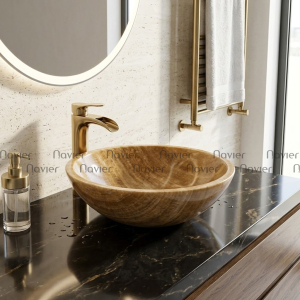 Chậu Lavabo Đá Tự Nhiên vàng Vân Gỗ Dáng Tròn Mỏng Cao Cấp Navier NV-BST35
