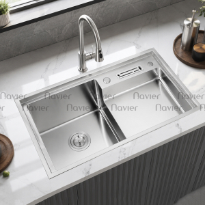 Chậu Rửa Bát Inox 304 Nano Đen 1 Hộc Vắt Dao Có Gờ Tầng Navier NV-8245NGD
