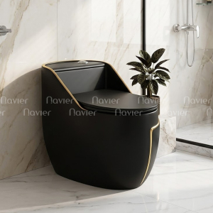 Bồn Cầu 1 Khối Đen Viền Vàng Nút Xả Lệch Navier NV-1051D