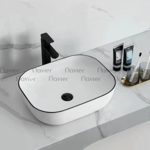 Lavabo đặt bàn vuông giác cạnh sứ trắng viền đen Navier NV-435TVDL