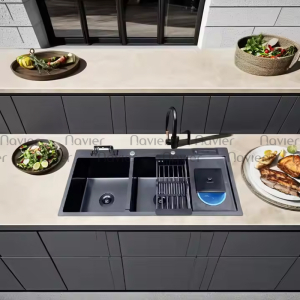 Chậu chén 2 ngăn nano liền khay có hố rác inox 201 cao cấp Navier NV-10048RDT201NND
