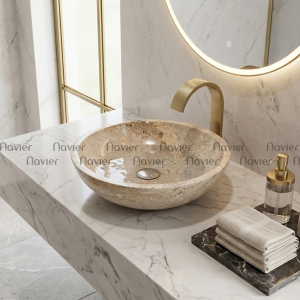 Chậu Lavabo Đá Tự Nhiên Màu Ghi TH Dáng Tròn Mỏng Cao Cấp Navier NV-DK40