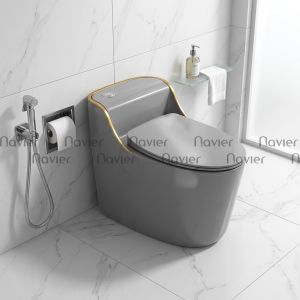 Bồn Cầu 1 Khối Xám Viền Vàng Nút Lệch Navier NV-1030X