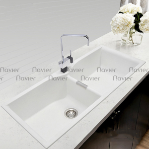 Chậu rửa chén đá nhân tạo 2 hộc đều trắng Navier NV-10049T