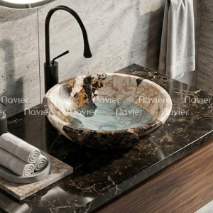 Chậu Lavabo Đá Tự Nhiên nâu Quán Sơn Dáng Tròn Mỏng Cao Cấp Navier NV-BST38