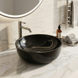 Chậu Lavabo Đá Tự Nhiên Đen Ý Dáng Tròn Dày Cao Cấp Navier NV-BST28