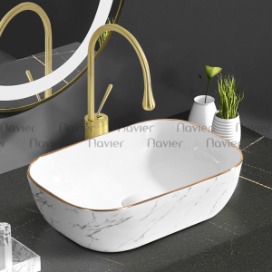 Chậu Lavabo Đặt Bàn Vuông Giác Cạnh Trăng Vân Mây Viền Vàng Navier NV-435VM