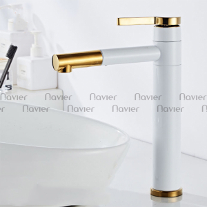 Vòi lavabo nóng lạnh xoay 360 sơn tĩnh điện trắng viền vàng 30cm Navier NV-704TV30