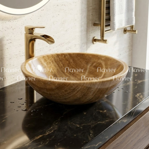 Chậu Lavabo Đá Tự Nhiên vàng Vân Gỗ Dáng Tròn Mỏng Cao Cấp Navier NV-BST35