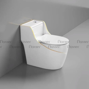 Bồn Cầu 1 Khối Trắng Viền Vàng Nút Xả Lệch Navier NV-1059