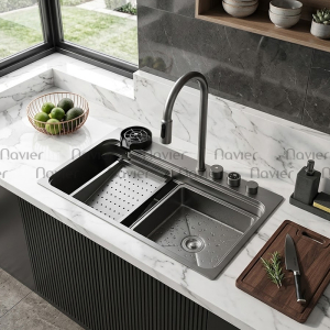 Chậu Rửa Chén 1 Hộc Lớn Inox Phủ Nano Hiển Thị Nhiệt Độ Navier NV-7548