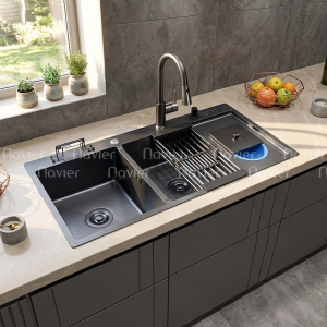 Chậu chén 2 ngăn nano liền khay có hố rác inox 201 cao cấp Navier NV-10048RDT201NND