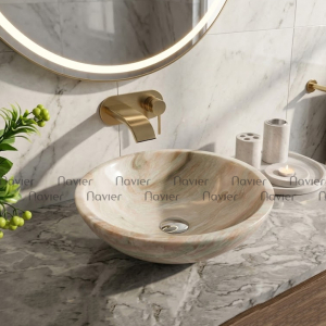 Chậu Lavabo Đá Tự Nhiên Xanh Onyx Himalaya Dáng Tròn Mỏng Cao Cấp Navier NV-ON80