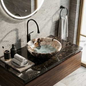 Chậu Lavabo Đá Tự Nhiên nâu Quán Sơn Dáng Tròn Mỏng Cao Cấp Navier NV-BST38