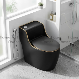 Bồn Cầu 1 Khối Đen Viền Vàng Nút Lệch NV-1013D