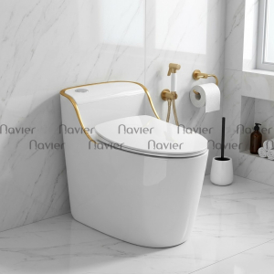 Bồn Cầu 1 Khối Trắng Viền Vàng Nút Lệch Navier NV-1030T
