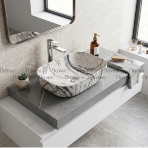 Chậu Lavabo Đặt Bàn Vuông Giác Cạnh Giả Đá Navier NV-435GD2
