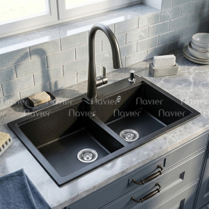 Chậu Rửa Chén Đá 2 Ngăn Đen Cao Cấp Navier NV-T8650-G01