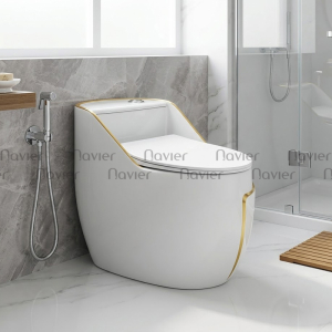 Bồn Cầu 1 Khối Trắng Viền Vàng Nút Xả Lệch Navier NV-1051T