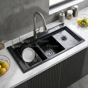 Chậu Rửa Chén 2 Hộc Đá Đen Nhân Tạo Siêu Mịn Navier CRD12052RDL
