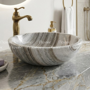 Chậu Lavabo Đá Tự Nhiên Trắng Vân Nâu Dáng Tròn Mỏng Cao Cấp Navier NV-BST12