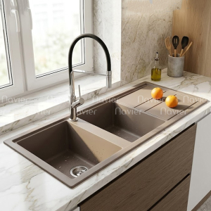 Chậu rửa chén đá nhân tạo 2 hộc xám có cánh Navier NV-11148X