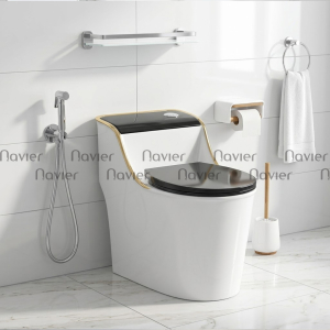 Bồn Cầu 1 Khối Nắp Đen Nút Lệch Viền Vàng Navier NV-1013TD