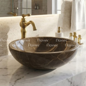 Chậu Lavabo Đá Tự Nhiên Iran Brown Dáng Tròn Mỏng Cao Cấp Navier NV-BST29