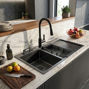 Chậu chén 2 ngăn đều liền khay inox nano Navier NV-10048C201NND